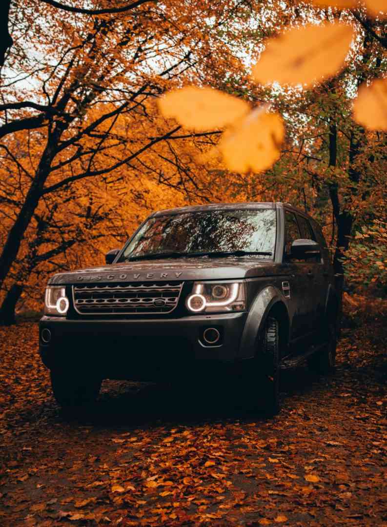 Land Rover in the middle of a forest in Autumn.