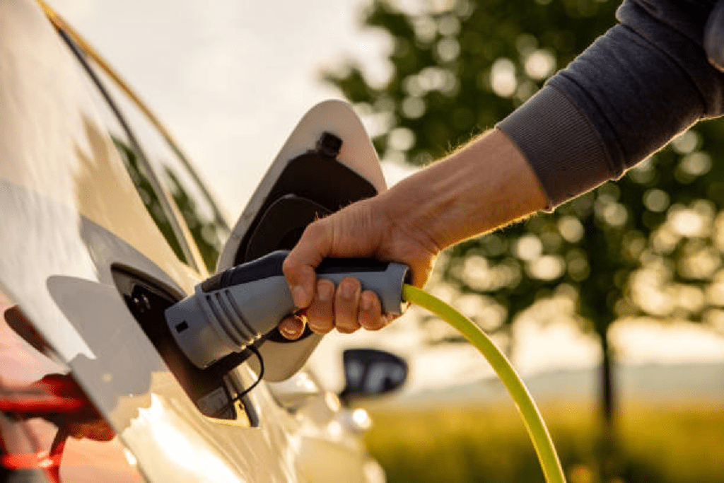 Person Plugging Charging Cable Into Electric Car